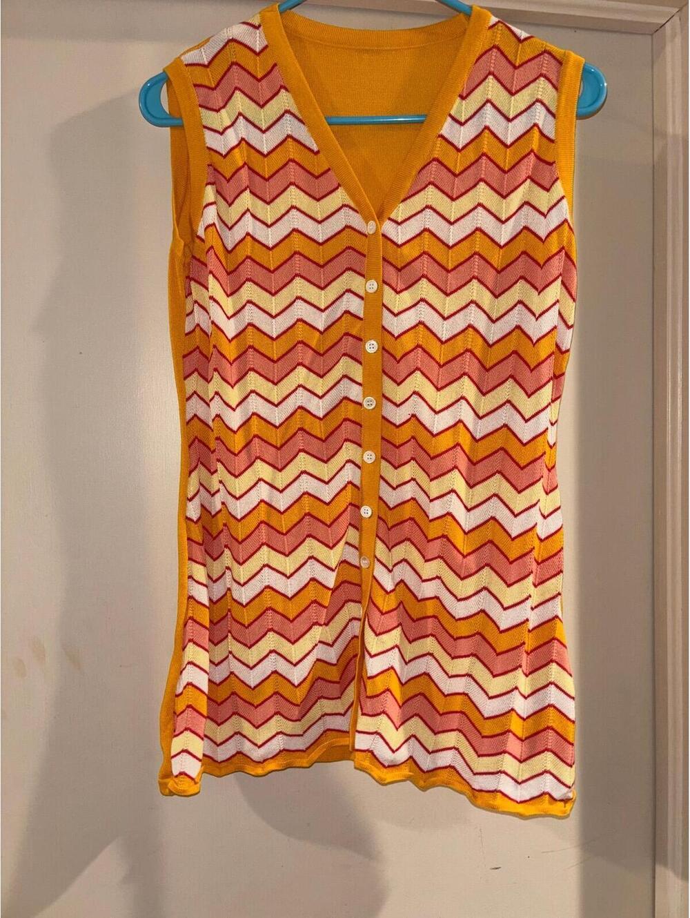 Retro Chevron Knit Sleeveless Duster Cardigan Small Boho Sweater